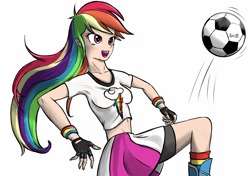 Size: 1530x1080 | Tagged: safe, artist:robin jacks, derpibooru import, rainbow dash, human, breasts, female, football, humanized, simple background, solo, sports, white background