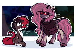 Size: 2000x1300 | Tagged: safe, artist:sadfloorlamp, derpibooru import, oc, oc only, oc:tired raspberry, oc:torsher, demon, demon pony, earth pony, lizard, pegasus, pony, cloak, clothes, cute, duo, female, height difference, horns, lizard pony, mare, open mouth, satchel