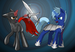 Size: 1960x1356 | Tagged: safe, artist:robin jacks, derpibooru import, oc, oc:nightwatch, armor, fanfic art, sword, weapon