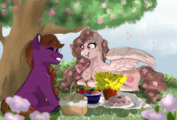 Size: 2200x1500 | Tagged: safe, artist:miyalaflordorada, derpibooru import, oc, oc only, earth pony, pegasus, pony, basket, cake, commission, duo, eyes closed, female, flower, food, fruit, fruit bowl, grin, lying down, male, mare, open mouth, open smile, picnic, picnic basket, picnic blanket, prone, sitting, smiling, stallion, tree, vase