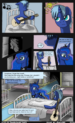 Size: 1700x2800 | Tagged: safe, artist:robin jacks, derpibooru import, princess luna, oc, oc:nightwatch, bed, fanfic art, guitar, hospital, hospital bed, musical instrument