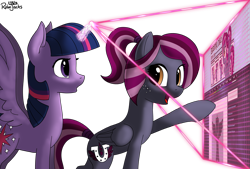 Size: 3567x2417 | Tagged: safe, artist:robin jacks, derpibooru import, twilight sparkle, twilight sparkle (alicorn), oc, oc:spotlight splash, alicorn, pegasus, pony, duo, duo female, female, mare, pegasus oc, simple background, transparent background