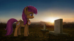 Size: 3840x2160 | Tagged: safe, artist:robin jacks, derpibooru import, diamond tiara, filthy rich, scootaloo, alternate cutie mark, fanfic art, goggles, gravestone