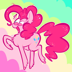 Size: 2048x2048 | Tagged: safe, artist:puddingandp1, derpibooru import, pinkie pie, earth pony, pony, g4, abstract background, alternate eye color, big ears, chest fluff, colored hooves, curly hair, curly mane, curly tail, ear fluff, ears, eyebrows, eyebrows visible through hair, eyelashes, female, fetlock tuft, floating eyebrows, heart tongue, leg fluff, long mane, long tail, looking down, mare, messy mane, messy tail, open mouth, open smile, pink eyes, pink mane, pink tail, raised hoof, raised leg, smiling, solo, sparkly mane, sparkly tail, tail