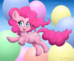 Size: 1200x1000 | Tagged: safe, artist:empyu, derpibooru import, pinkie pie, earth pony, pony, balloon, cute, diapinkes, female, mare, open mouth, open smile, pronking, signature, smiling, solo