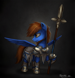 Size: 3512x3646 | Tagged: safe, artist:robin jacks, derpibooru import, oc, oc only, pegasus, armor, solo, spear, weapon