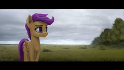 Size: 2560x1440 | Tagged: safe, artist:robin jacks, derpibooru import, scootaloo, fanfic:i see you, fanfic art, field, forest, nature, solo, tree