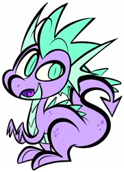 Size: 2092x2896 | Tagged: safe, artist:puddingandp1, derpibooru import, spike, dragon, g4, alternate color palette, alternate design, big eyes, colored mouth, colored tongue, doodle, floating eyebrows, frills, green eyes, heart tongue, high res, male, paws, raised arms, redesign, scales, simple background, slit eyes, solo, spikes, tail, thick tail, white background