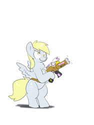 Size: 1650x2200 | Tagged: safe, artist:kushina13, derpibooru import, derpy hooves, gilda, pegasus, pony, bipedal, chest fluff, female, furrowed brow, gun, hoof hold, mare, objectification, simple background, smiling, solo, watermark, weapon, white background