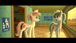 Size: 2560x1440 | Tagged: safe, artist:robin jacks, derpibooru import, nurse redheart, nurse tenderheart, earth pony, pony, fanfic:i see you, box, doorway, duo, duo female, fanfic art, female, hat, hospital, looking at each other, looking at someone, nurse hat, open mouth, open smile, shelf, sign, smiling, smiling at each other, storage, sunset, window