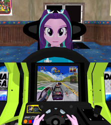 Size: 1366x1536 | Tagged: safe, artist:ardoplasma41, derpibooru import, aria blaze, equestria girls, g4, 3d, arcade, arcade cabinet, arcade game, clothes, daytona usa, daytona usa 2, gamer aria, mmd, phantom full force, shirt, steering wheel, t-shirt