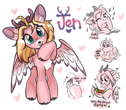 Size: 2464x2145 | Tagged: safe, artist:opalacorn, derpibooru import, oc, oc only, oc:jen, deer, deer pony, hybrid, original species, pegasus, peryton, pony, antlers, butt, clothes, coat, cold, doe, earbuds, female, food, heat, hoof hold, looking at you, music notes, name, noodles, open mouth, open smile, plot, ramen, shivering, simple background, smiling, smiling at you, solo, tail, text, white background