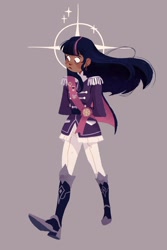 Size: 1200x1800 | Tagged: safe, artist:mayermaam, derpibooru import, twilight sparkle, human, abstract background, boots, clothes, dark skin, ear piercing, earring, epaulettes, female, humanized, jacket, jewelry, pants, piercing, shoes, solo, uniform