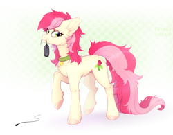 Size: 3229x2515 | Tagged: safe, artist:tender fox, derpibooru import, roseluck, pony, behaving like a cat, chest fluff, collar, commission, commissioner:doom9454, computer mouse, concave belly, cute, fluffy, pet tag, pony pet, rosepet, solo, standing