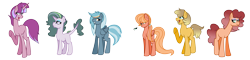 Size: 4992x1192 | Tagged: safe, artist:bookwormpony, artist:emeraldjeweltm, derpibooru import, oc, oc only, oc:estrella streak, oc:golden coin, oc:honey bee, oc:magic surprise, oc:maria jewel, oc:snow whirl, dracony, earth pony, hybrid, pegasus, pony, unicorn, base used, female, horn, interspecies offspring, mare, missing cutie mark, next generation, offspring, parent:applejack, parent:big macintosh, parent:caramel, parent:cheese sandwich, parent:flash sentry, parent:fluttershy, parent:pinkie pie, parent:rainbow dash, parent:rarity, parent:spike, parent:thunderlane, parent:twilight sparkle, parents:carajack, parents:cheesepie, parents:flashlight, parents:fluttermac, parents:sparity, parents:thunderdash, simple background, smiling, transparent background