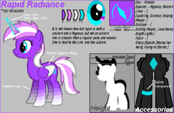 Size: 543x352 | Tagged: safe, derpibooru import, oc, oc:rapid radiance, pegasus, pony, unicorn, cutie mark, female, horn, mare, reference, reference sheet, solo