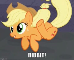 Size: 609x500 | Tagged: safe, derpibooru import, edit, edited screencap, screencap, applejack, earth pony, pony, the cutie map, behaving like a frog, caption, cowboy hat, cute, female, hat, image macro, imgflip, jackabetes, mare, silly, silly pony, solo, stetson, text, who's a silly pony