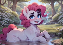 Size: 1024x728 | Tagged: safe, ai content, derpibooru import, generator:easyfluff v11.2, generator:stable diffusion, machine learning generated, pinkie pie, earth pony, pony, g4, chest fluff, ear fluff, ears, eyebrows, eyelashes, eyeliner, female, flower, grass, grass field, heart, makeup, open mouth, park, prompter:raif, river, smiling, solo, standing, stream, water, waterfall