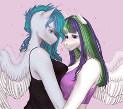 Size: 5000x4429 | Tagged: safe, artist:p i k i n a s 13, derpibooru import, oc, oc only, oc:sally whitesnow, oc:vinyl dask, alicorn, anthro, pegasus, blushing, love, oc x oc, shipping