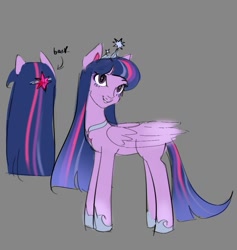 Size: 946x996 | Tagged: safe, artist:yahidna, derpibooru import, twilight sparkle, twilight sparkle (alicorn), alicorn, pony, alternate hairstyle, female, gray background, mare, simple background, smiling, solo