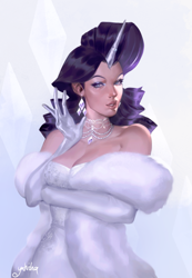 Size: 1043x1506 | Tagged: safe, artist:yahidna, derpibooru import, rarity, human, abstract background, breasts, cleavage, clothes, dress, female, fur coat, gloves, horn, horned humanization, humanized, realistic, solo