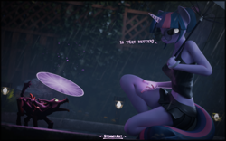 Size: 3840x2400 | Tagged: safe, artist:steamyart, derpibooru import, twilight sparkle, anthro, dog, timber wolf, series:field research, 3d, blender, magic, puppy, rain, text