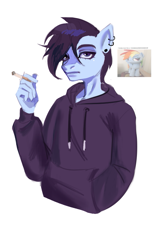 Size: 525x860 | Tagged: safe, artist:yahidna, derpibooru import, anthro, pony, cigarette, clothes, goth, hand in pocket, hoodie, ponified, sebastian (stardew valley), simple background, solo, species swap, stardew valley, white background