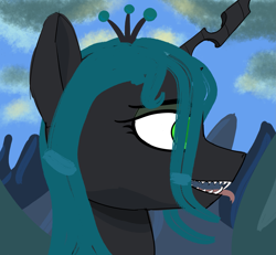 Size: 2339x2160 | Tagged: safe, artist:kujivunia, derpibooru import, queen chrysalis, bust, cloud, fangs, female, forked tongue, mare, mountain, open mouth, portrait, sharp teeth, sketch, solo, teeth, tongue, tongue out