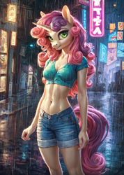 Size: 1024x1440 | Tagged: safe, ai content, derpibooru import, generator:pony diffusion v6 xl, generator:stable diffusion, machine learning generated, sweetie belle, anthro, unicorn, g4, breasts, bust, cyberpunk, female, horn, neon, portrait, prompter:star-dragon, rain, solo