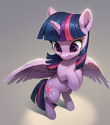 Size: 1808x2048 | Tagged: safe, ai content, derpibooru import, generator:pony diffusion v6 xl, generator:stable diffusion, machine learning generated, twilight sparkle, twilight sparkle (alicorn), alicorn, pony, g4, bipedal, cute, ear fluff, ears, female, high angle, horn, looking down, mare, prompter:ramprover, simple background, smiling, solo, spread wings, wings