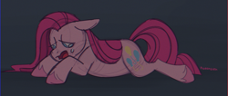 Size: 1500x638 | Tagged: safe, artist:pigeorgien, derpibooru import, pinkie pie, earth pony, pony, g4, crying, female, lying down, mare, pinkamena diane pie, prone, sad, simple background, sketch, solo, unshorn fetlocks