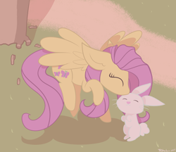 Size: 3608x3120 | Tagged: safe, artist:tkshoelace, derpibooru import, angel bunny, fluttershy, pegasus, pony, rabbit, animal, flying, kissing, tree, wings