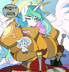 Size: 3684x3832 | Tagged: safe, artist:polofastter, artist:thelunarmoon, derpibooru import, princess celestia, oc, oc:lunar moon, alicorn, anthro, pony, unicorn, g4, armor, big breasts, black and white, breasts, colored, dialogue, don't talk to me or my son ever again, duo, duo male and female, female, frown, grayscale, high res, holding a pony, horn, huge breasts, lidded eyes, looking at you, male, mare, meme, monochrome, mother and child, mother and son, offspring, parent and child, parent:princess celestia, princess breastia, saint celestine, signature, simple background, speech bubble, spread wings, sword, talking to viewer, thousand yard stare, warhammer (game), warhammer 40k, weapon, white background, wings