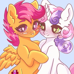 Size: 2048x2048 | Tagged: safe, artist:selkie, derpibooru import, scootaloo, sweetie belle, pegasus, pony, unicorn, g4, blue background, blushing, colored eyebrows, cute, cutealoo, diasweetes, duo, duo female, eyebrows, female, heart, heart eyes, high res, horn, lesbian, mare, missing cutie mark, older, older scootaloo, older sweetie belle, ship:scootabelle, shipping, simple background, smiling, spread wings, the cmc's cutie marks, wingding eyes, wings