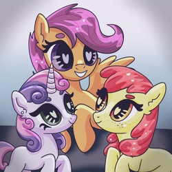 Size: 2048x2048 | Tagged: safe, artist:selkie, derpibooru import, apple bloom, scootaloo, sweetie belle, earth pony, pegasus, pony, unicorn, g4, beanbrows, blank flank, colored eyebrows, cutie mark crusaders, eyebrows, female, filly, foal, grin, heart, heart eyes, horn, missing accessory, smiling, spread wings, thick eyebrows, trio, trio female, wingding eyes, wings
