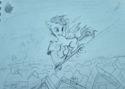 Size: 2048x1447 | Tagged: safe, artist:laymy, derpibooru import, scootaloo, pegasus, pony, bipedal, bipedal leaning, blank flank, female, filly, foal, leaning, monochrome, pencil drawing, ponyville, scooter, sketch, solo, traditional art