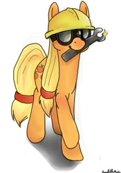 Size: 700x1000 | Tagged: safe, artist:sweetlittlemedic, derpibooru import, applejack, g4, clothes, crossover, engiejack, engineer, goggles, hard hat, hat, simple background, solo, team fortress 2, white background, wrench
