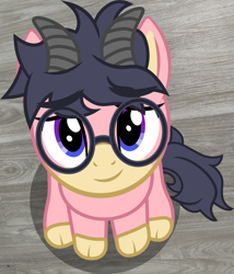 Size: 1589x1860 | Tagged: safe, artist:badumsquish-edits, artist:jaye, derpibooru exclusive, derpibooru import, part of a set, oc, oc only, oc:anchor point, goat, hybrid, pony, badumsquish's kitties, glasses, looking at you, looking up, looking up at you, open mouth, open smile, show accurate, simple background, sitting, smiling, solo