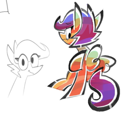 Size: 697x648 | Tagged: safe, artist:yl0w, derpibooru import, scootaloo, pegasus, pony, g4, big eyes, colored sketch, duality, eye clipping through hair, eyebrows, eyebrows visible through hair, eyelashes, female, filly, foal, frown, looking at you, orange coat, purple mane, purple tail, saturated, short mane, simple background, sketch, smiling, smiling at you, solo, spread wings, tail, white background, wings