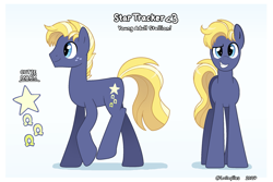 Size: 2171x1452 | Tagged: safe, artist:lullapiies, derpibooru import, star tracker, earth pony, pony, dreamworks face, eyebrows, freckles, gradient background, grin, male, older, older star tracker, raised eyebrow, smiling, solo, stallion