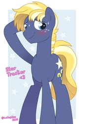 Size: 857x1240 | Tagged: safe, artist:lullapiies, derpibooru import, star tracker, earth pony, pony, blushing, flustered, freckles, hooves behind head, male, nervous, nervous smile, older, older star tracker, passepartout, smiling, solo, stallion, standing, stars, sweat