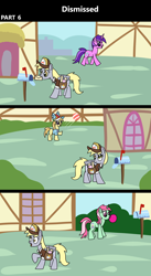 Size: 1920x3516 | Tagged: safe, artist:platinumdrop, derpibooru import, amethyst star, derpy hooves, minty bubblegum, noi, sparkler, earth pony, pegasus, pony, unicorn, comic:dismissed, g4, 3 panel comic, alternate timeline, background pony, bag, ball, bubble, bubblegum, comic, commission, female, filly, foal, folded wings, food, gum, hat, heartbreak, horn, implied doctor whooves, implied roseluck, looking at someone, mail, mailbox, mailmare, mailmare hat, mailmare uniform, mailpony, mare, mouth hold, open mouth, playing, ponyville, raised hoof, raised leg, sad, saddle bag, smiling, this will not end well, town, walking, wings, working