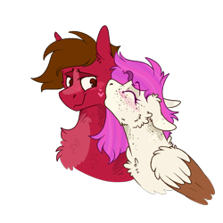 Size: 2000x2000 | Tagged: safe, artist:molars, derpibooru import, oc, oc:grand finale, oc:molars, pegasus, pony, blushing, brown mane, chest fluff, doodle, female, freckles, heart, kissing, male, mare, red fur, sketch, stallion, stripe