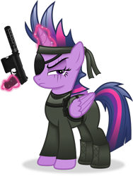 Size: 3154x4192 | Tagged: safe, artist:anime-equestria, derpibooru import, twilight sparkle, twilight sparkle (alicorn), alicorn, g4, alternate hairstyle, boots, clothes, eyepatch, female, gun, handgun, headband, high res, hk mk.23, horn, levitation, magic, mare, metal gear, pouch, scar, shoes, simple background, solid sparkle, solo, suppressor, telekinesis, transparent background, vector, weapon, wings