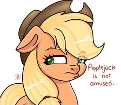 Size: 1154x1000 | Tagged: safe, artist:galaxy swirl, derpibooru import, applejack, earth pony, pony, g4, applejack is not amused, applejack's hat, bust, clothes, cowboy hat, ears, eye clipping through hair, eyebrows, eyebrows visible through hair, eyelashes, female, floppy ears, freckles, hat, lidded eyes, mare, signature, simple background, solo, text, unamused, white background