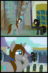 Size: 4240x6384 | Tagged: safe, artist:twiny dust, derpibooru import, oc, oc:dust, oc:eclipse, pegasus, pony, unicorn, awkward smile, building, canterlot, canterlot city, cloud, comic, crossed hooves, duo, embarrassed, female, flying, growth, growth spell, hairband, hooves behind head, horn, macro, macro march, male, mare, pegasus oc, ponytail, sky, smiling, smirk, stallion, story included, unicorn oc