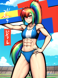 Size: 768x1024 | Tagged: safe, ai content, derpibooru import, generator:novelai, generator:stable diffusion, machine learning generated, rainbow dash, human, g4, abs, bikini, breasts, clothes, colored, delicious flat chest, female, generator:pixai.art, humanized, muscles, muscular female, prompter:anonymous, race track, rainbow flat, rainbuff dash, small breasts, solo, sports, stadium, sweat, swimsuit, tail, tankini, tomboy, wrong eye color