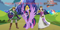 Size: 2000x1000 | Tagged: safe, artist:culu-bluebeaver, artist:luckreza8, artist:user15432, derpibooru import, twilight sparkle, twilight sparkle (alicorn), alicorn, human, anniversary, castle, crossover, fairy, fairy wings, happy anniversary, hylian, hylian shield, link, looking at you, master sword, ponyville, princess zelda, smash ball, smiling, smiling at you, super smash bros., super smash bros. brawl, sword, the legend of zelda, twilight's castle, weapon, wings