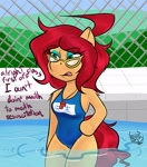 Size: 1336x1520 | Tagged: safe, artist:spk, oc, oc only, oc:vivian cereza, clothes, dialogue, swimsuit, water