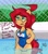 Size: 1336x1520 | Tagged: safe, artist:spk, derpibooru import, oc, oc only, oc:vivian cereza, earth pony, pony, semi-anthro, breasts, clothes, dialogue, female, glasses, japanese, legs in the water, milf, one-piece swimsuit, partially submerged, redhead, solo, swimsuit, water